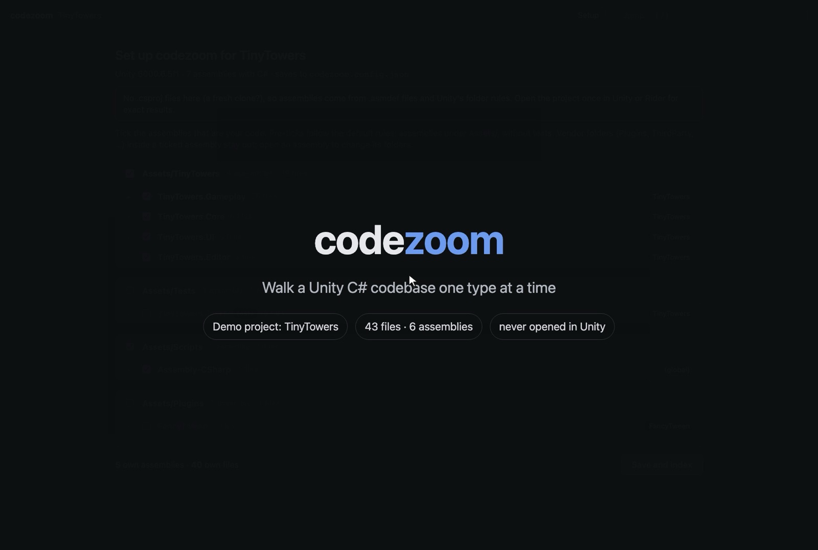 codezoom — codezoom walks a Unity C# codebase one type at a time: a 55-second demo, what the tool…