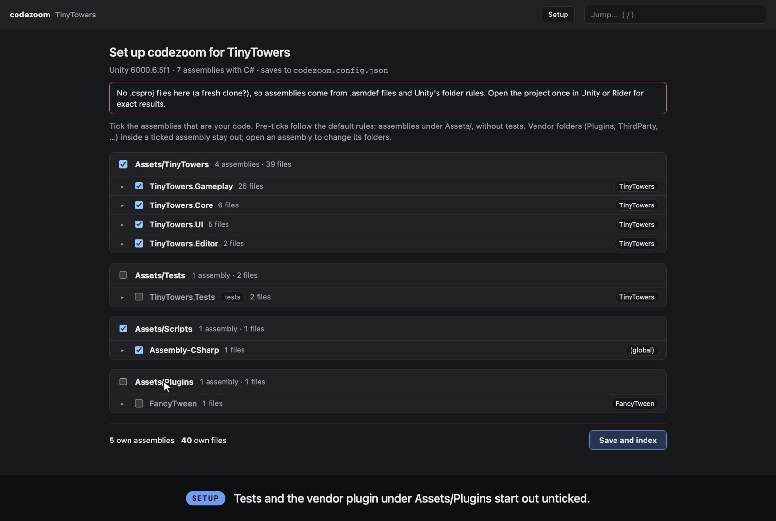 The codezoom setup page for TinyTowers, listing assemblies grouped by folder, with TinyTowers assemblies ticked and Tests and Plugins unticked